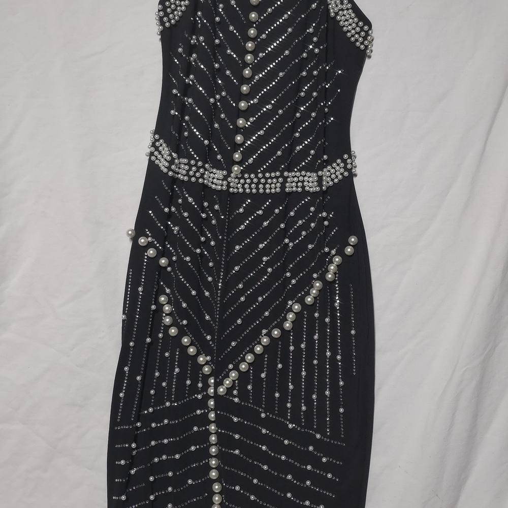 Elegant Black Pearl-Embellished Midi Dress